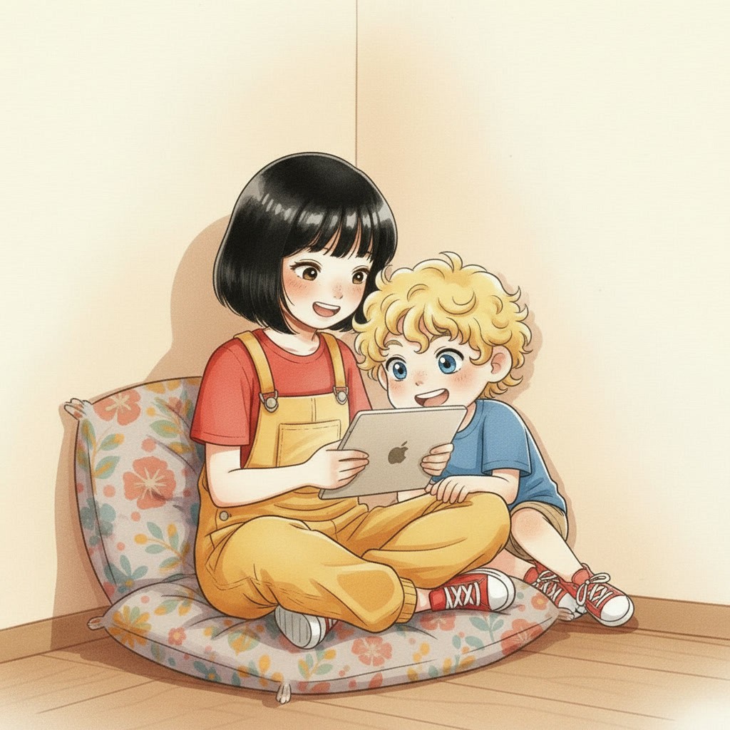 Ava and her little brother Sam sitting together on a flowered cushion, sharing a tablet.
