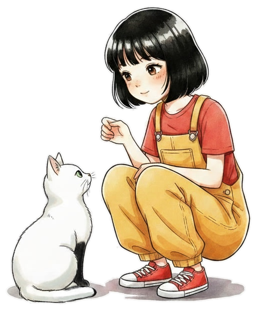 Ava, a nine-year-old girl in yellow overalls and a red shirt, holding her white cat Sox