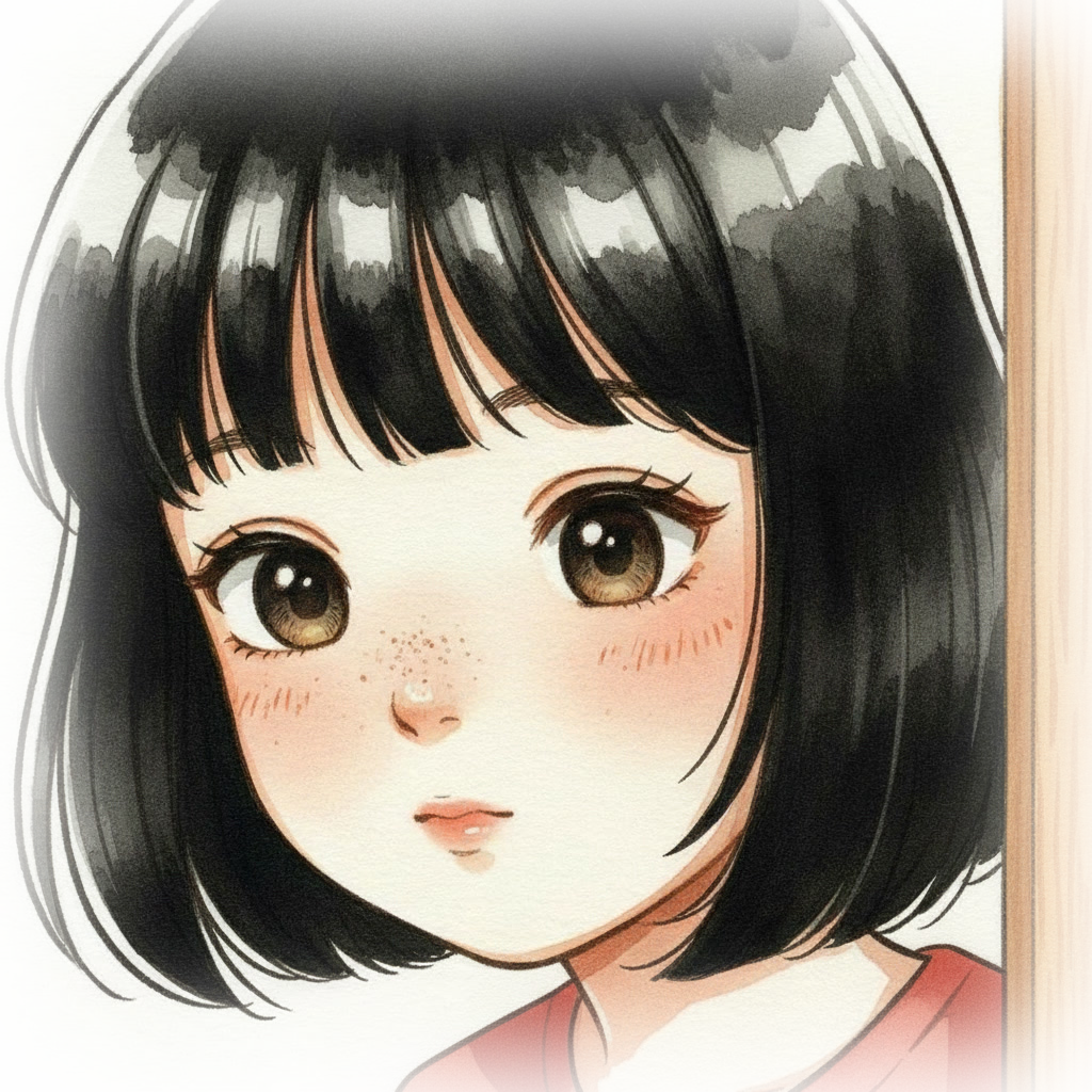 Close-up of Ava's face looking thoughtfully at her own reflection in the mirror