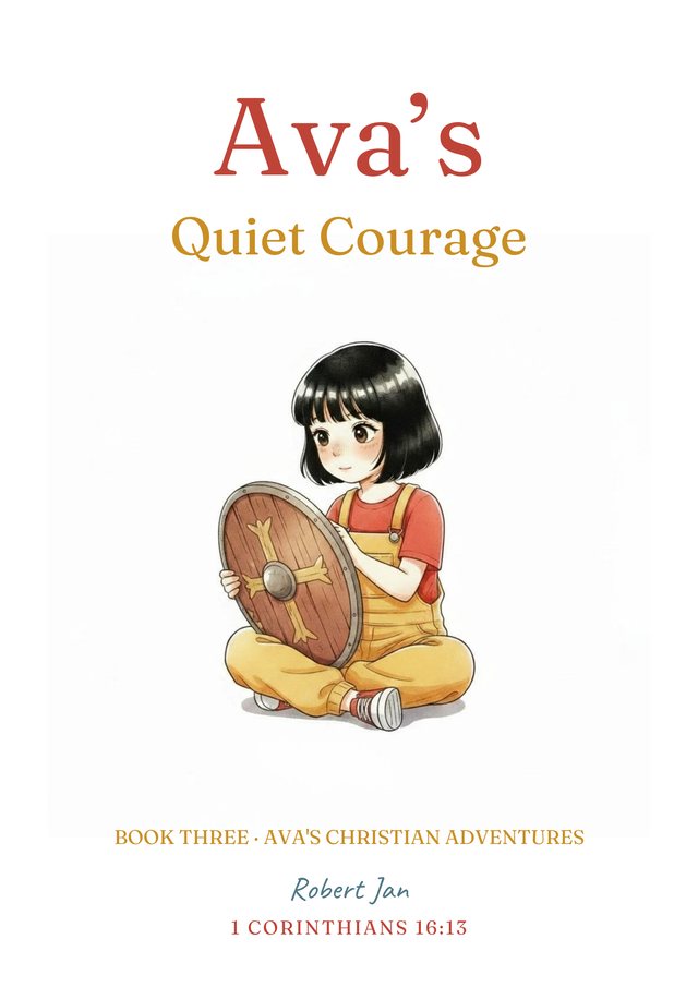 Ava's Quiet Courage book cover, Ava sitting cross-legged and holding a round wooden shield