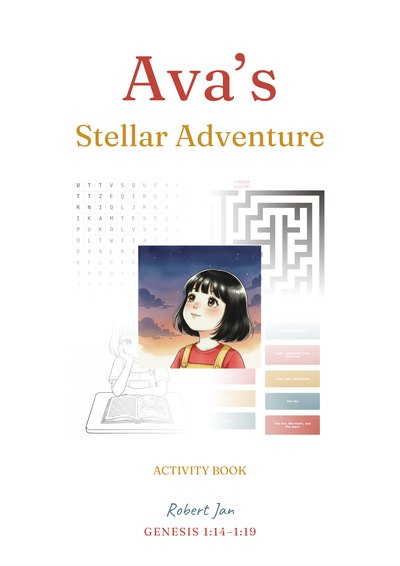 Ava's Stellar Adventure Activity Book cover, showing a word search, a maze, a coloring page, and Ava looking up at the evening sky