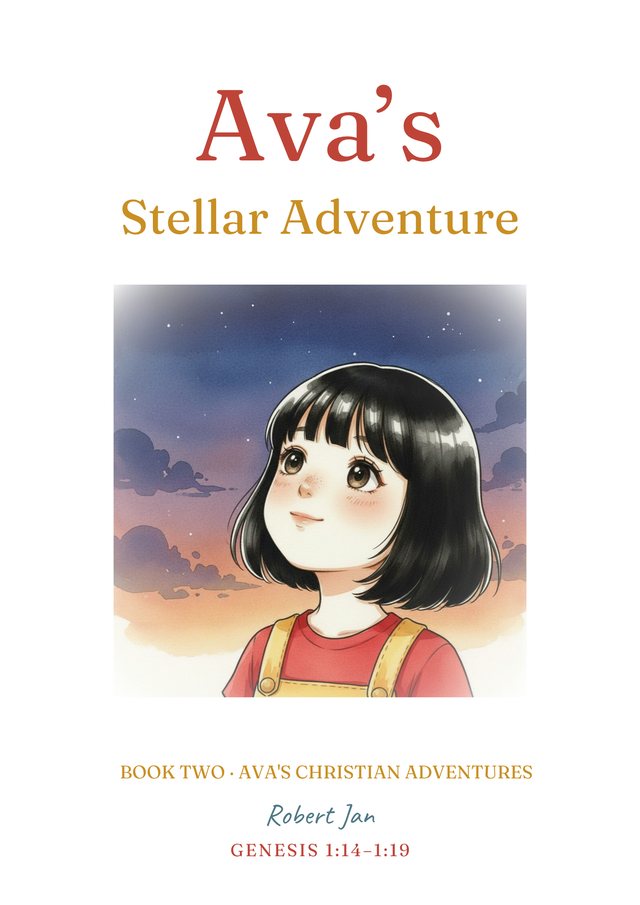 Ava's Stellar Adventure book cover, Ava looking up at a starry evening sky