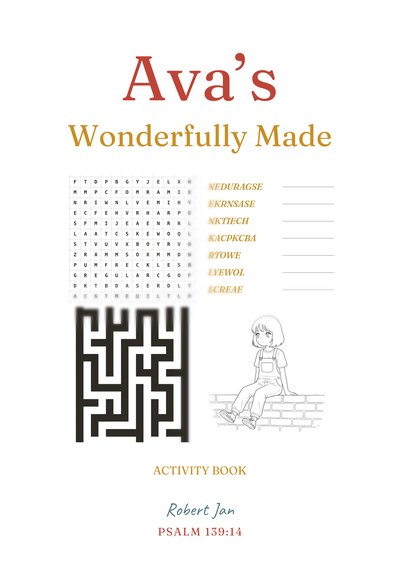 Ava's Wonderfully Made Activity Book cover, showing a word search, a maze, a word scramble, and a coloring page of Ava sitting on a wall