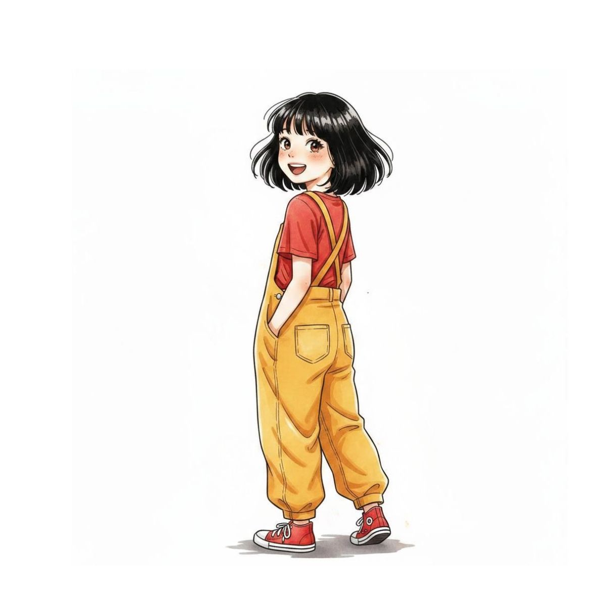 Portrait of Ava, a nine year old girl with a black bob and yellow overalls