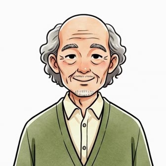 Grandpa Theo, an older man in a moss green cardigan