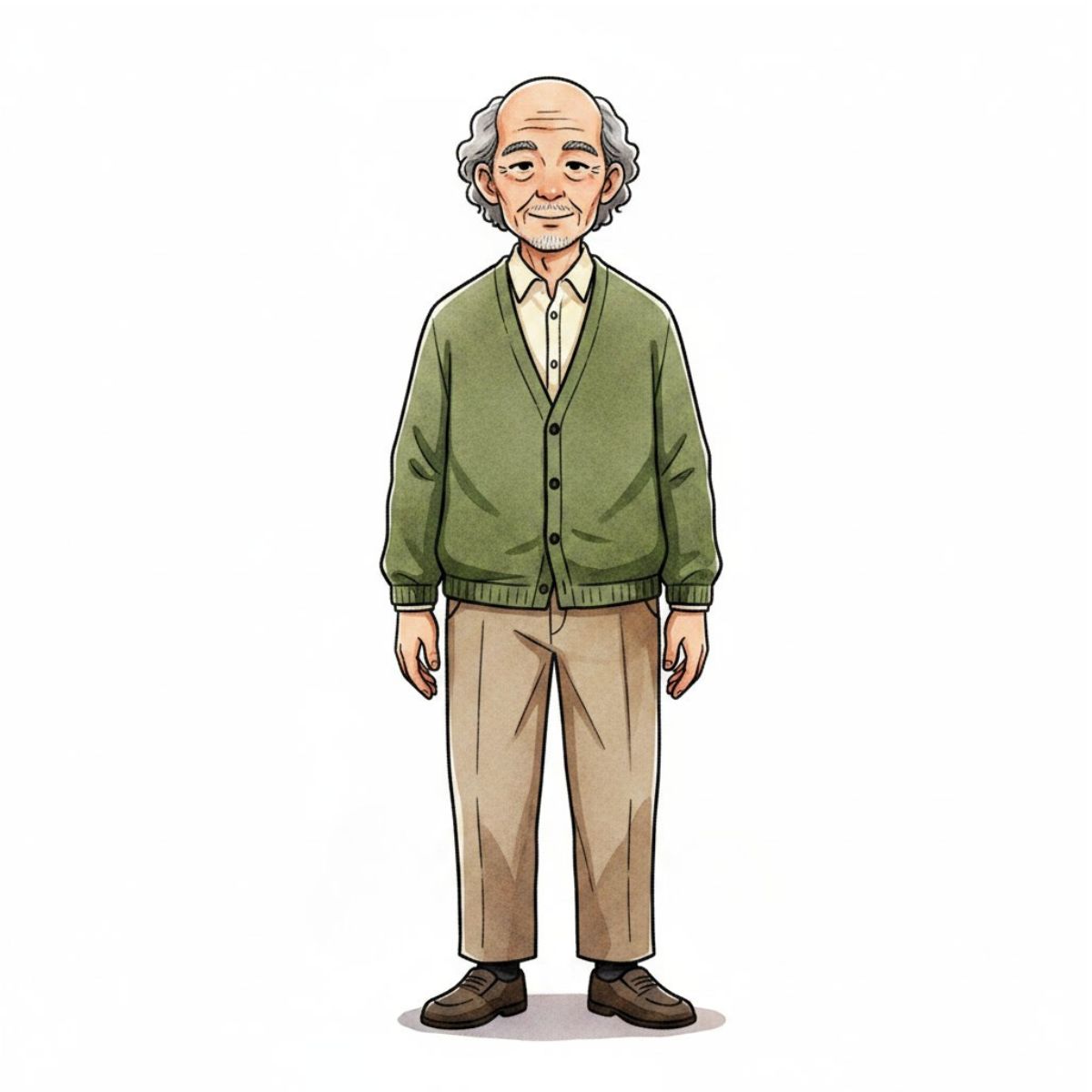 Portrait of Grandpa Theo, an older man in a moss green cardigan