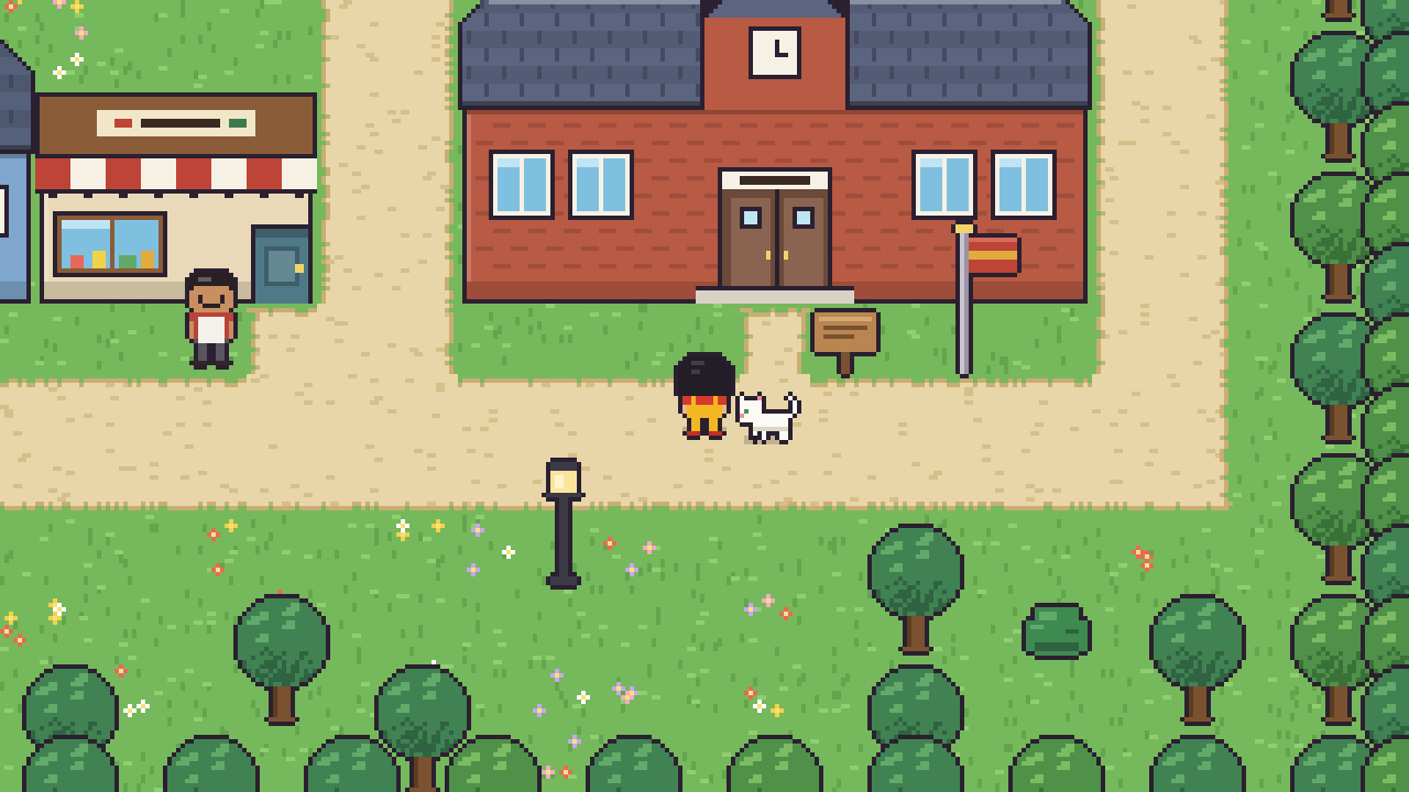 A pixel art scene from the game: Ava and her cat Sox stand outside the red brick school in Ava's town.