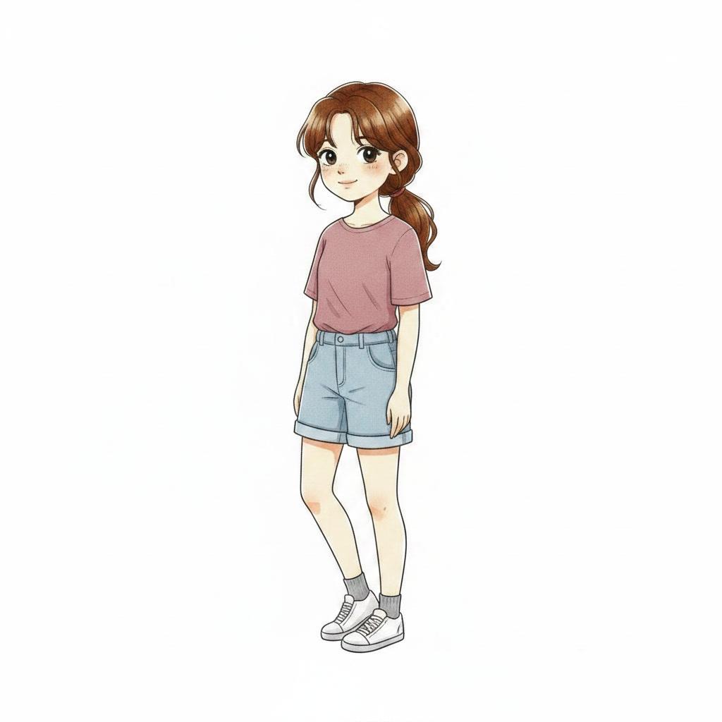 Portrait of Mia, a nine year old girl with brown hair in a ponytail and a plum-colored top