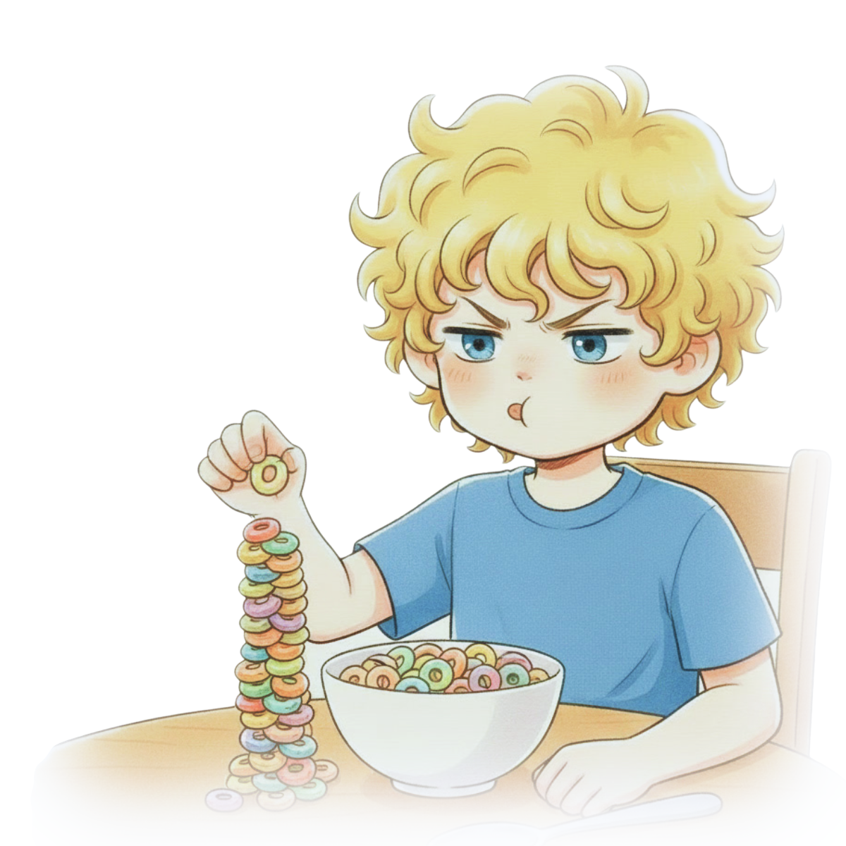 Sam concentrating at the breakfast table, about to add one more cereal ring to his tower, a bowl of cereal in the foreground