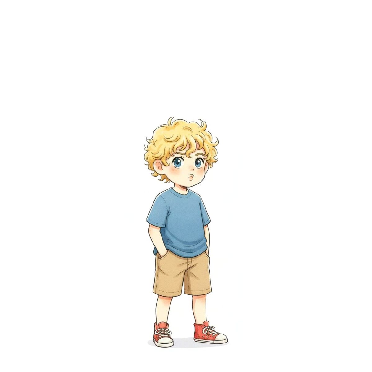Portrait of Sam, a seven year old boy with blonde curly hair and a blue t-shirt