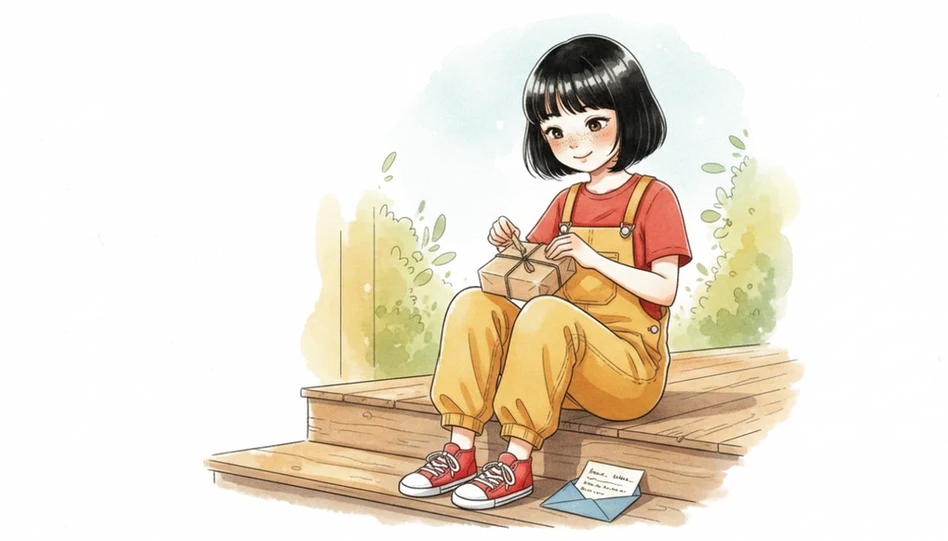Ava sitting on a porch step, opening a small wrapped gift tied with string