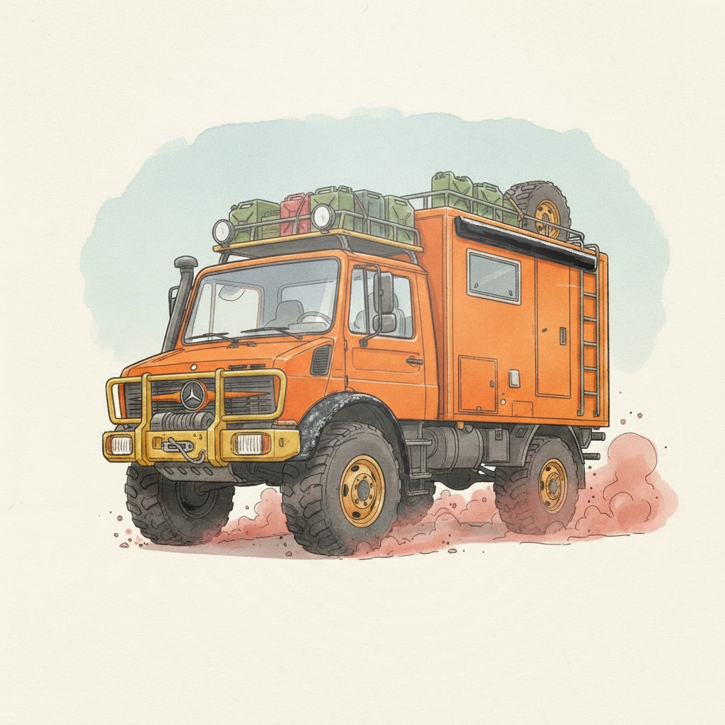 An illustrated Unimog overland expedition truck with a camper box, roof rack, and jerry cans, kicking up red dust